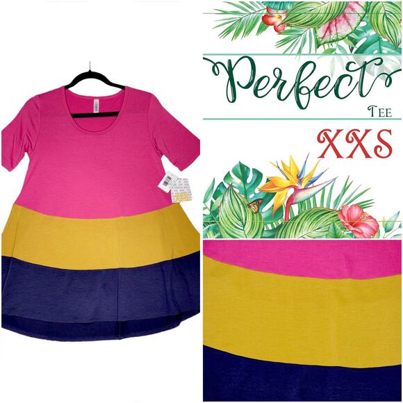LuLaRoe Perfect T XXS Color Block Hot Pink Yellow Navy Blue Swing Tunic Tee Top - Picture 8 of 8